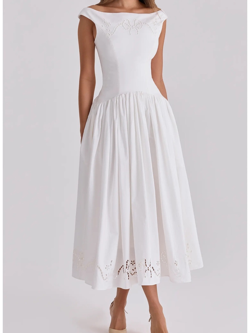 House of CB Lauren White Off-Shoulder Midi Dress with Eyelet Detail